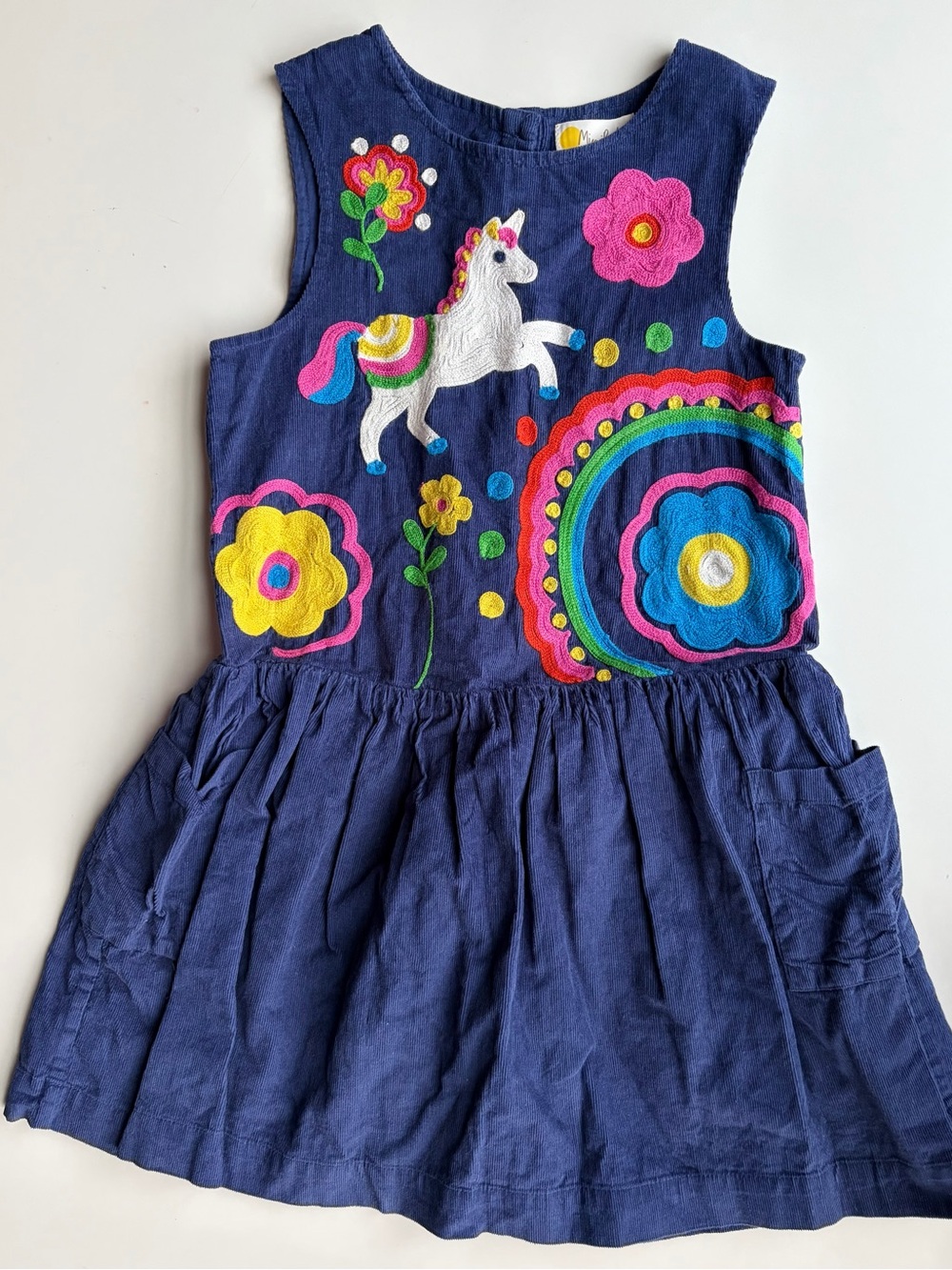 Mini Boden 7-8Y NWOT Navy Cotton Dress with Colorful Unicorn Embroidery